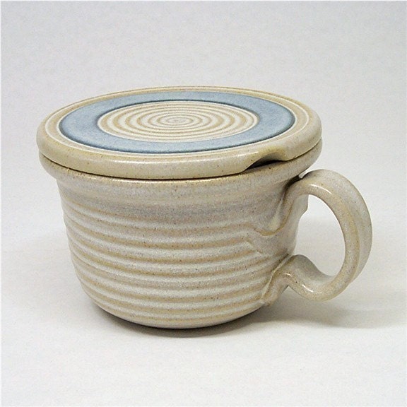 Pottery Microwave Bowl in soft white and blue (heat and serve)