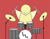 Kids Art, Nursery Wall Art, Nursery Print, Bird on a Drum Kit, Red, Children Decor, Nursery Art, Music