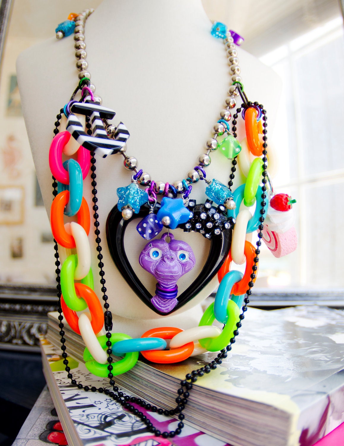 e.t.'s rainbow fiesta necklace. retro neon trashy couture by elfmadchen.