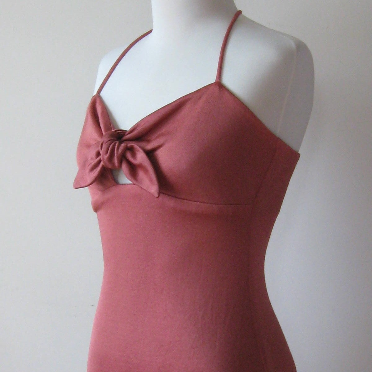 70's Fishtail Dress Halter Bow Tie Peephole Disco Mermaid Hem Vintage 1970's