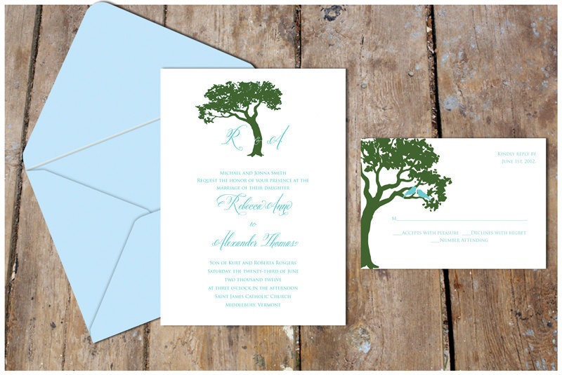 Tree & Monogram Wedding Invitation and RSVP postcard with Love Birds