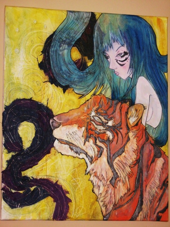 Canvas - Original Painting -  Swims with Tigers - Surreal artwork - 20x16 inches