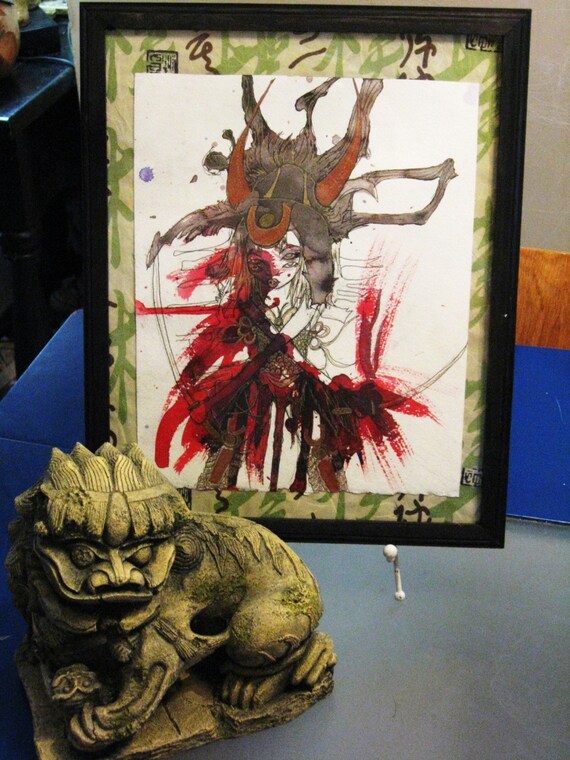 4 eyed Oni girl samurai-  Painting- Japanese Contemporary art - artwork-11x 14 inch-