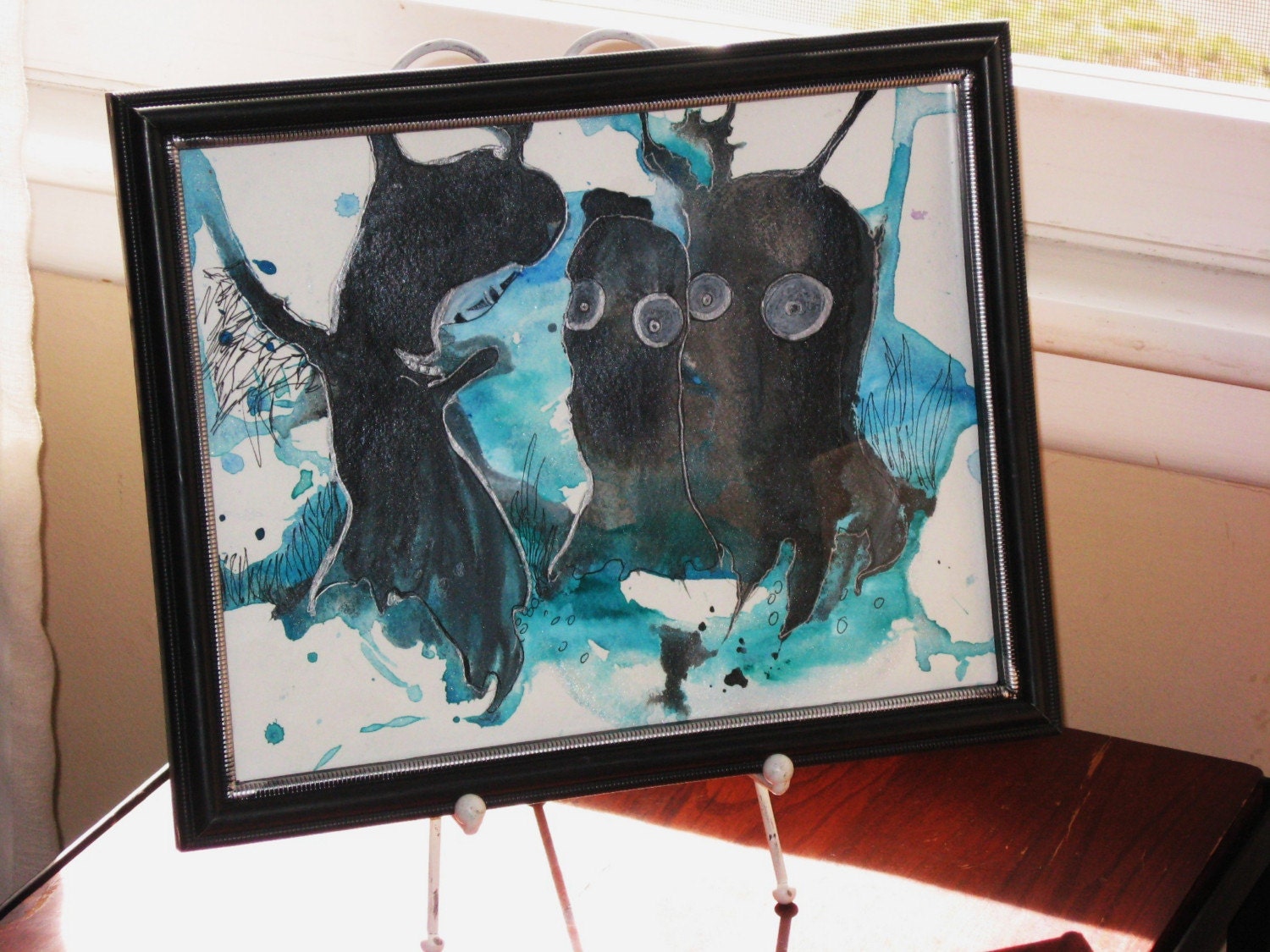 Room decor - Noface meets the Umibozu- SALE- whimsical manga -painting -12x9 inches