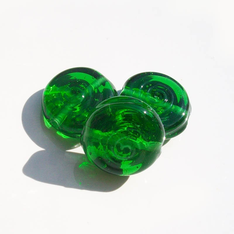 Spiral Earth Coin- Kelly Green- Recycled bottle glass spiral stamped coin lampwork beads- set of 3
