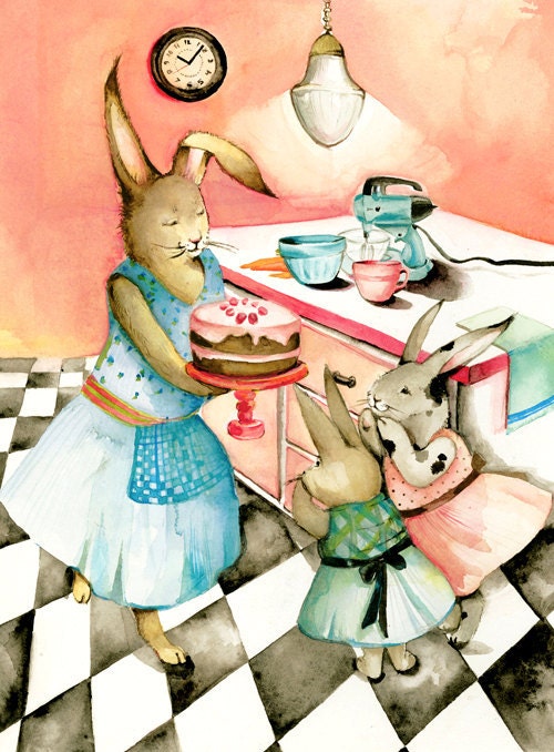 watercolor painting - reproduction- Helping Mama- Limited Edition Print- children, rabbit art