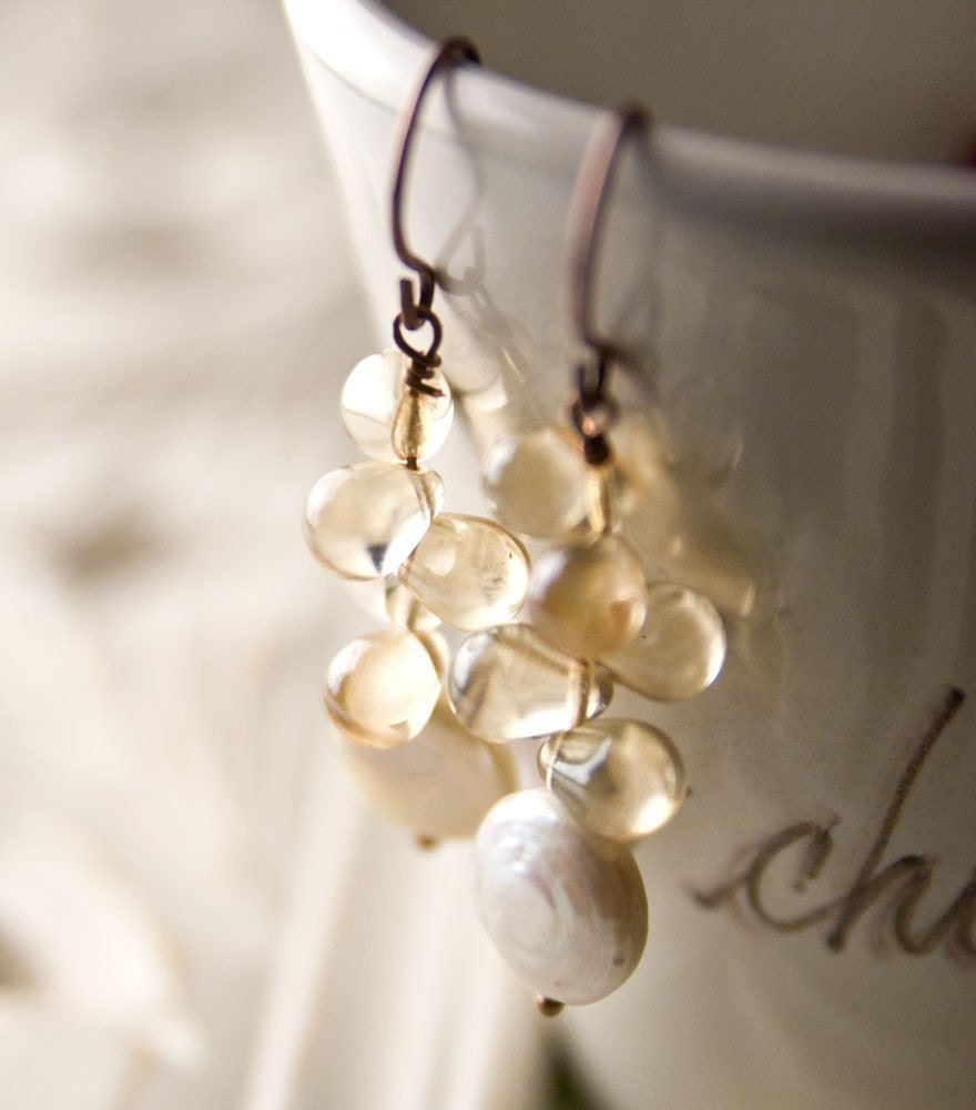 White, champagne, Freshwater coin pearls, glass drops, brass hooks