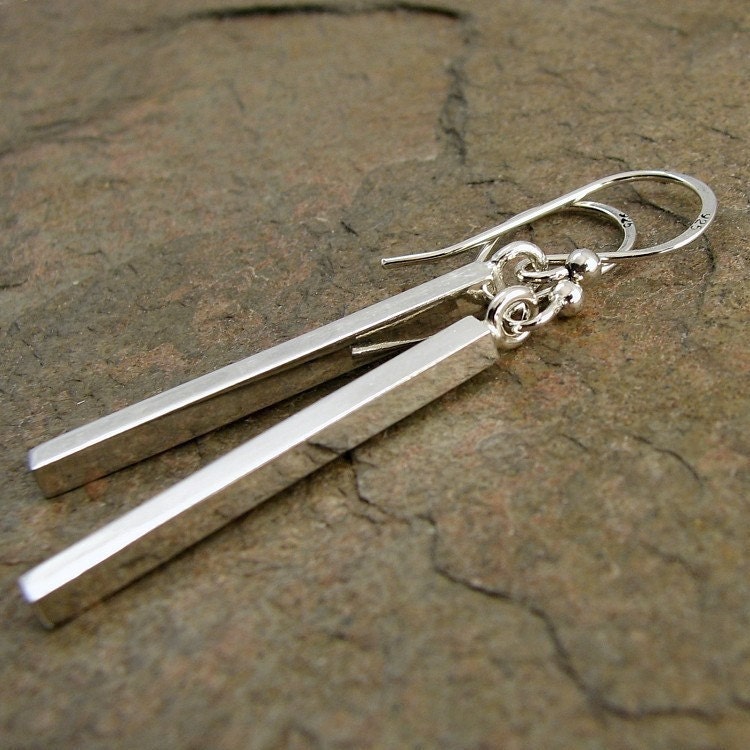 Geometric Chunky Square Bar Sterling Silver Earrings, Modern Minimalist Silver Dangle Bar Earrings for Women