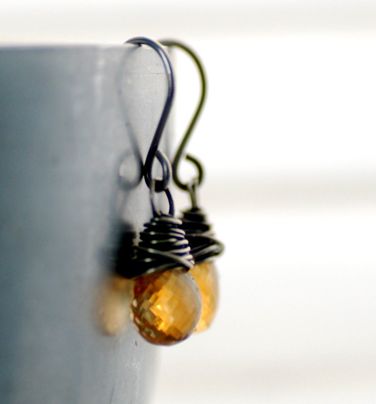 Citrine Earrings, Birthstone Earrings, November Birthstone, Gemstone Earrings, Semi Precious Stones, Wire Wrapped Oxidized Sterling Silver