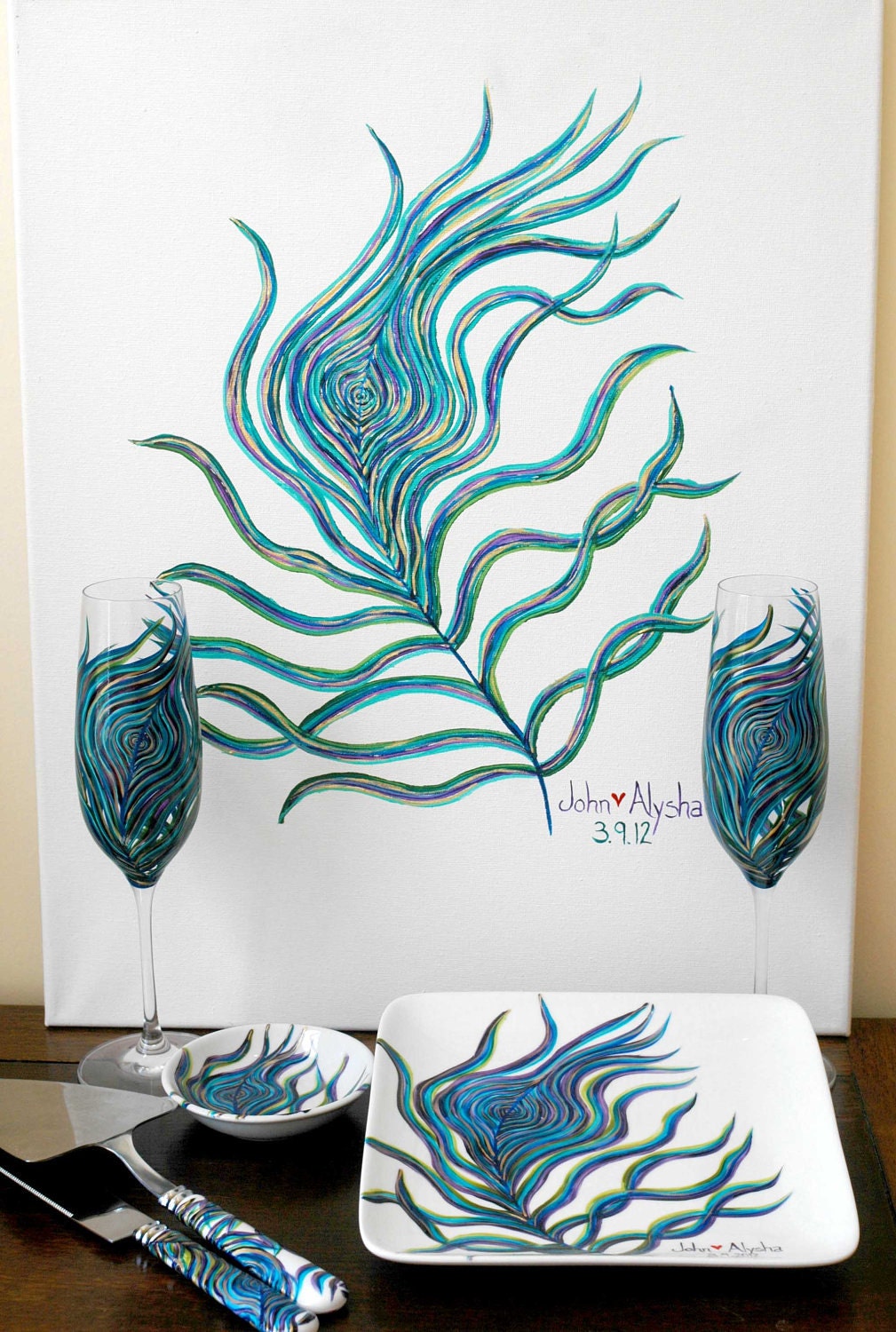 Personalized Peacock Wedding 7 Piece Collection - Toasting Flutes, Ring Dish, Cake Plate, Cake Cutters and Guest Signature Painting