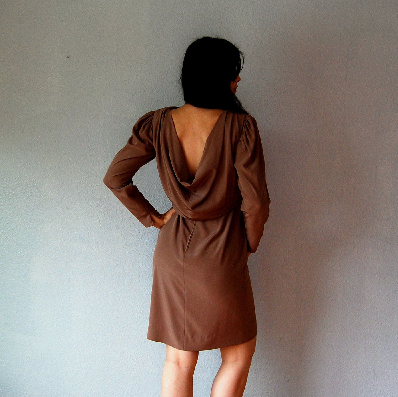 vintage OFFICE dress / 1970s sheer OPEN BACK dress