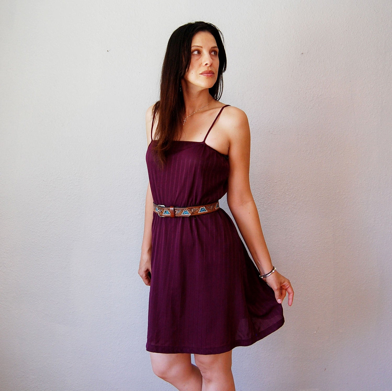 vintage SHEER dress / 1970s pinstriped AUBERGINEsun dress