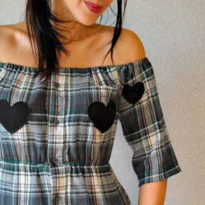reconstructed flannel blouse / heart on my sleeve felt applique / grunge teen spirit