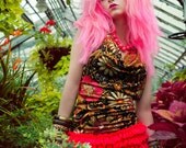 Harajuku Fashion Halter Top Sundress in Vintage Floral Print & Neon Orange Ruffles by Janice Louise Miller