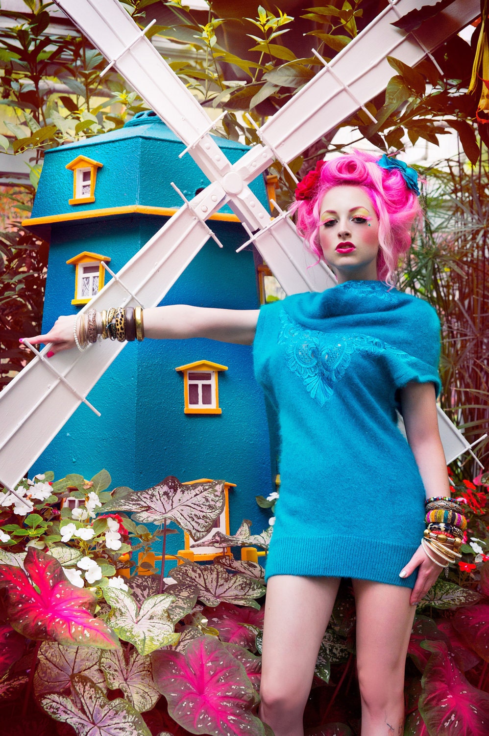 Harajuku Fashion Asymmetrical Sweater Dress Effie Trinket in Turquoise Angora by Janice Louise Miller