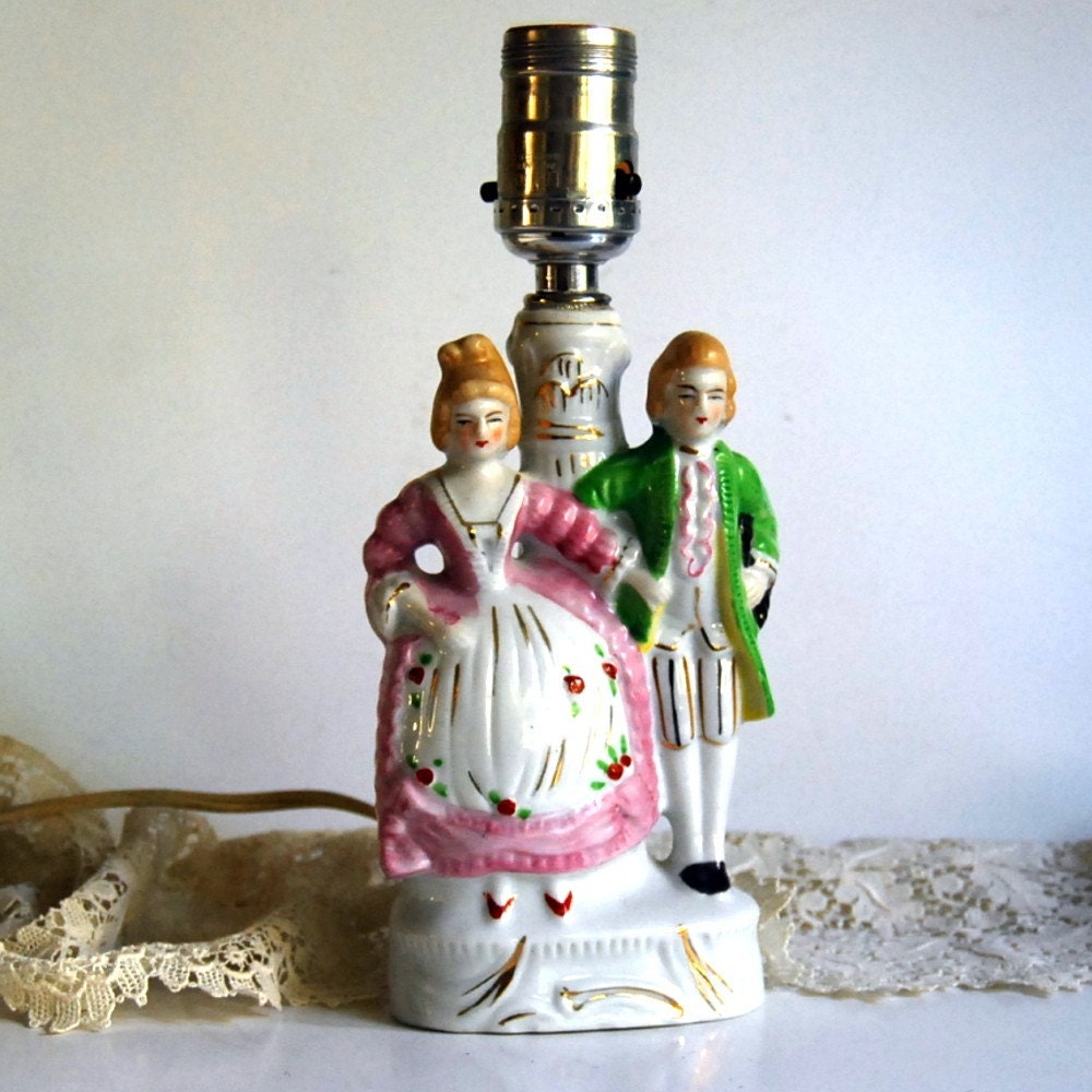 Vintage Lamp, Boudoir Lamp Lighting with Glazed Bisque Porcelain Colonial Couple, Made in Japan, Pink Green