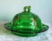 Antique Butter Dish Heisey Winged Scroll Emerald Green Round Covered Glass Dish