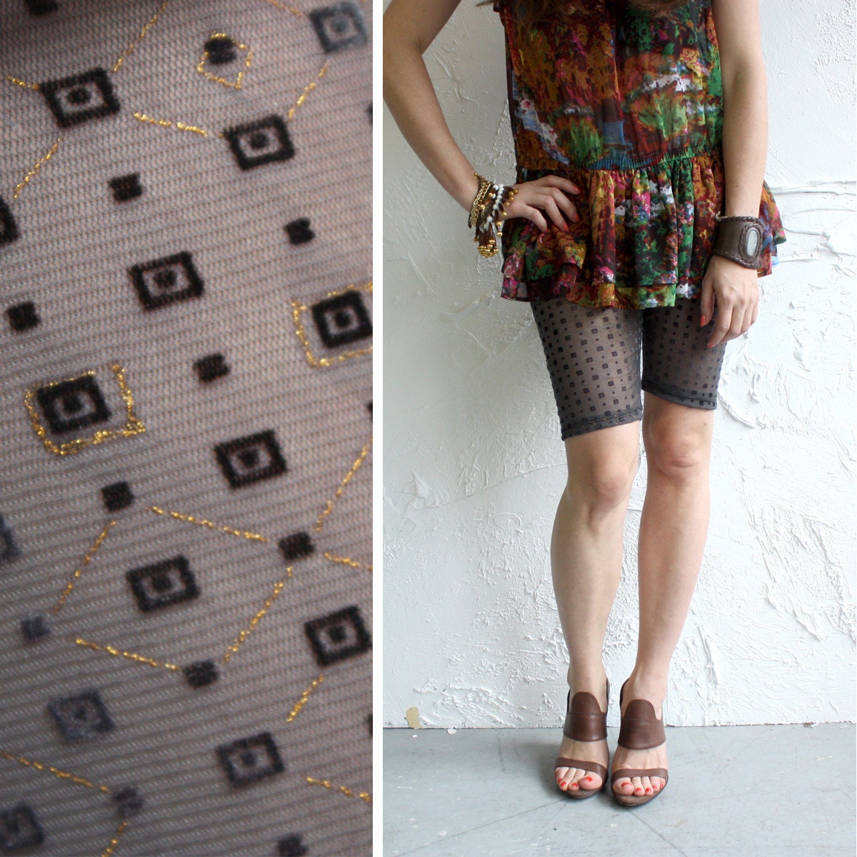 Bike Shorts - Charcoal Grey Mesh with Geometric Flocking and Metallic printing- S, M, L