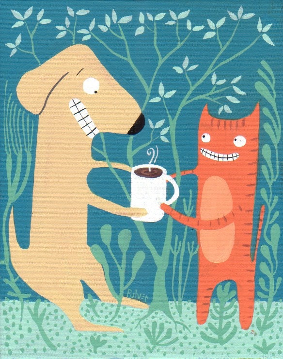 Orange Cat Offers Yellow Lab Dog Coffee PAINTING 8x10 Art Aqua and Orange