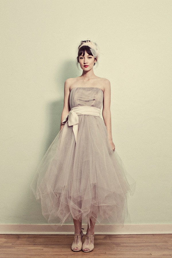 Strapless Tea Length Tulle Formal Dress