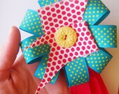 Ribbon & button flower brooch in blue, red, yellow - Va-va-voom