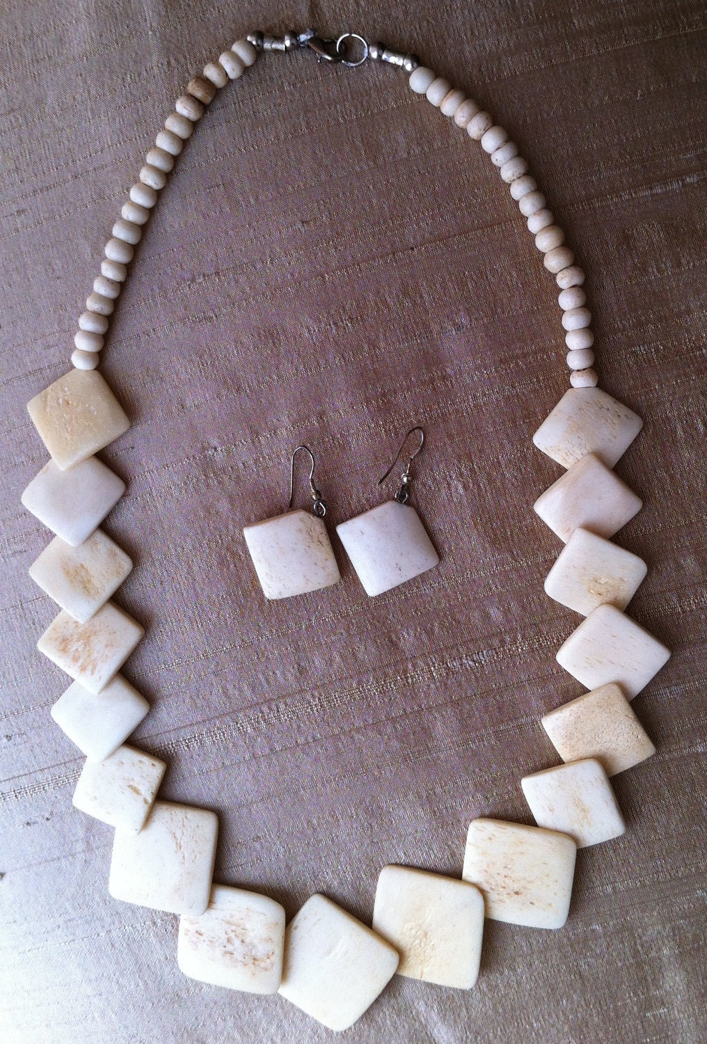 SALE Indian Bone Set, Earrings and Necklace 23"