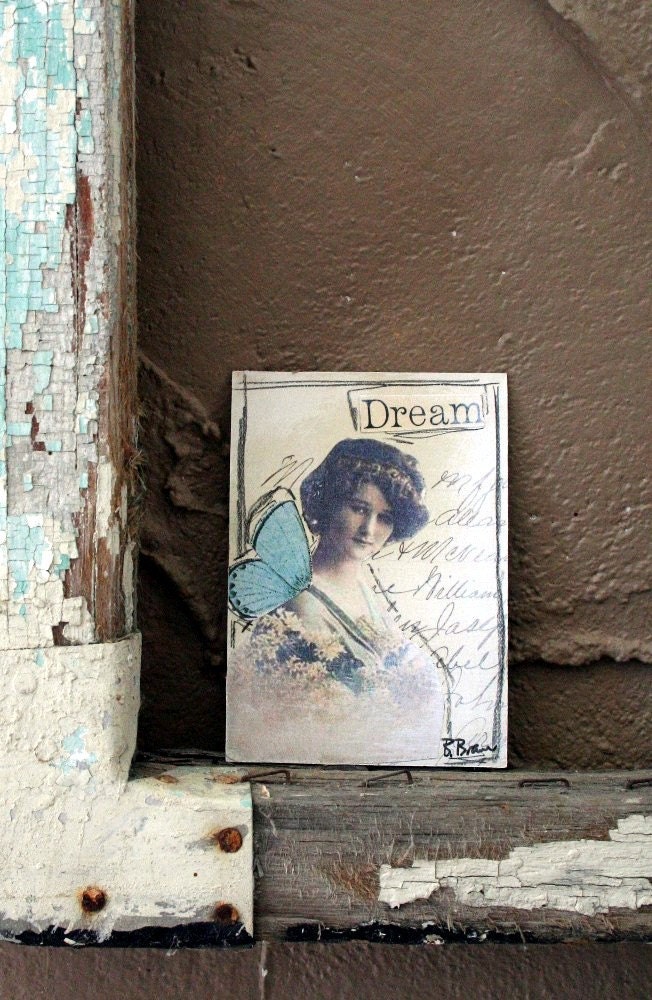 Dream Girl with Blue Wings Collaged ACEO Vintage Image & Handwritten Paper