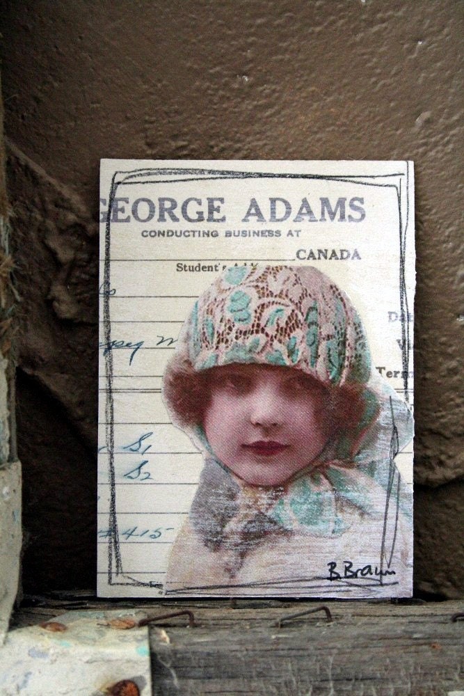 Girl in Blue Lace Hat Collaged ACEO Vintage Image & Vintage Ledger Sheet