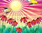 sunshine flight - signed digital illustration art print 8X10 inches, goldfinches red green flowers yellow birds