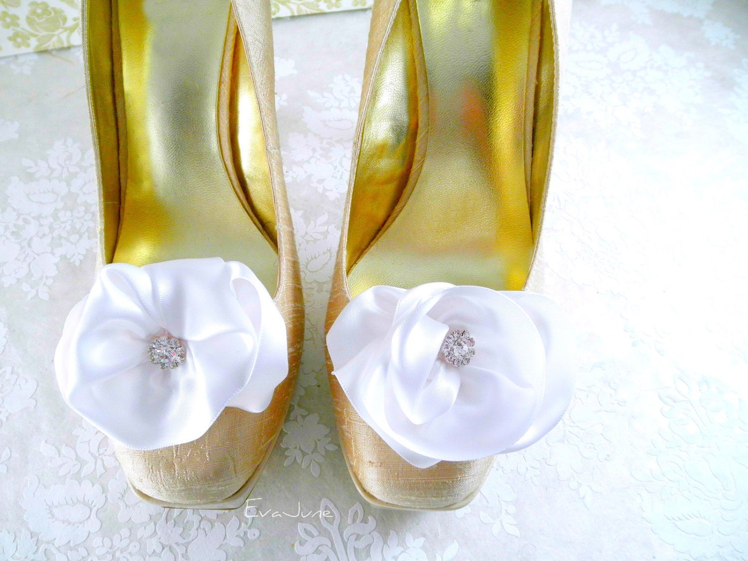 Rhinestone Shoe Clips, Handmade Flower, Bridal Couture, Custom Colors Available.
