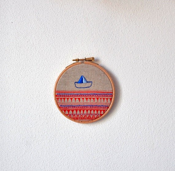 round dream Sailboat 1 - mixed media hanging wall (4'' diameter)