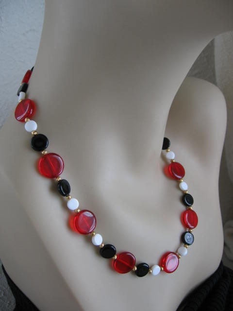 SALE - Coin Necklace/Earrings Set - Red/White/Black