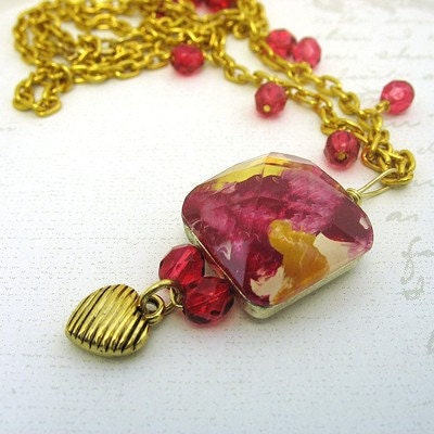Raspberry Red  Necklace - Brass Chain, Heart Charm, Raspberry Czech Glass Beads