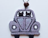 Silver Christmas Volkswagen Clay Cat Folk Art Ornament