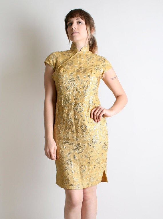 Vintage Cheongsam Cocktail Dress - Golden Yellow Metallic Shine Wiggle ...