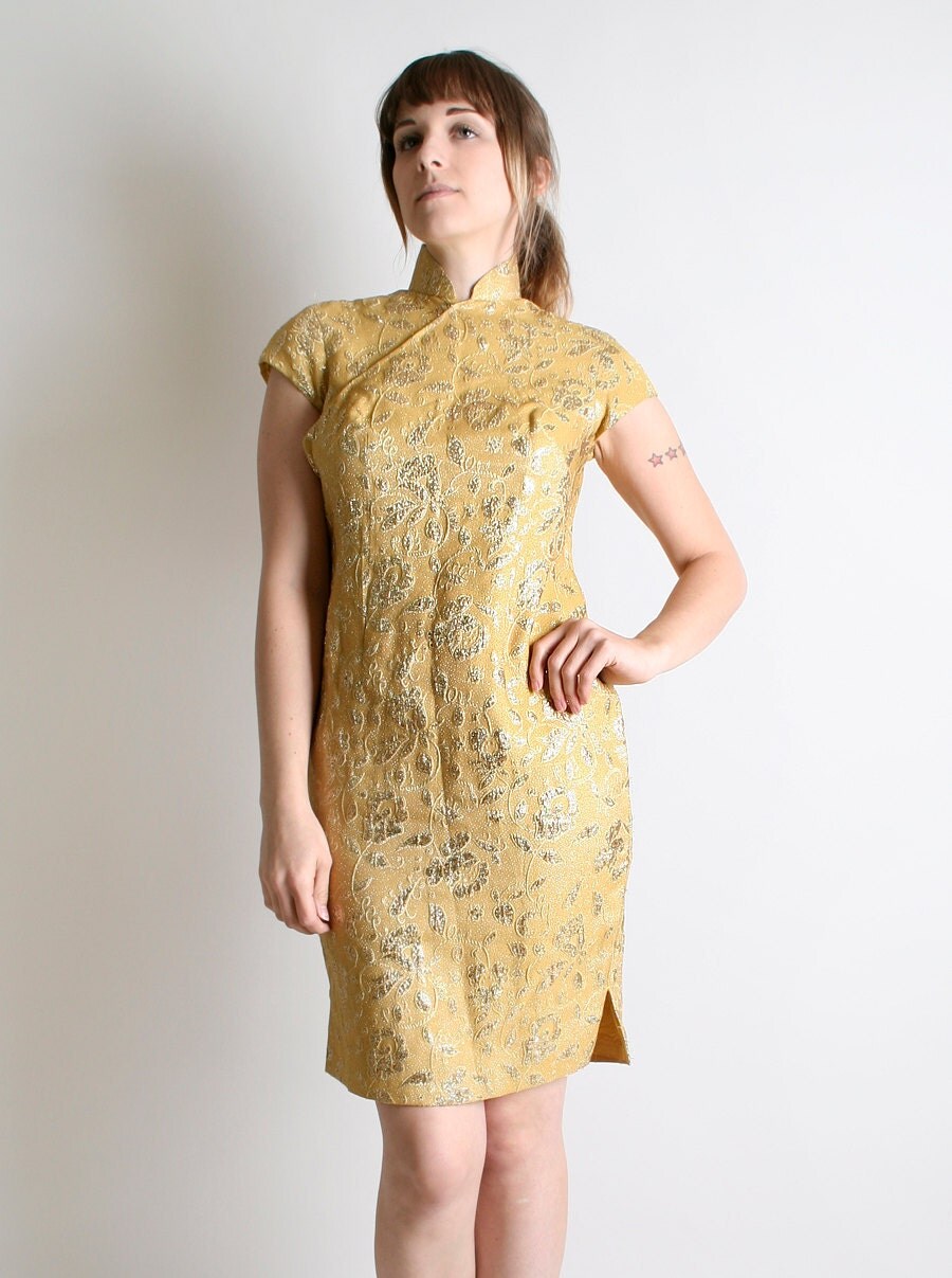 Vintage Cheongsam Cocktail Dress - Golden Yellow Metallic Shine Wiggle ...