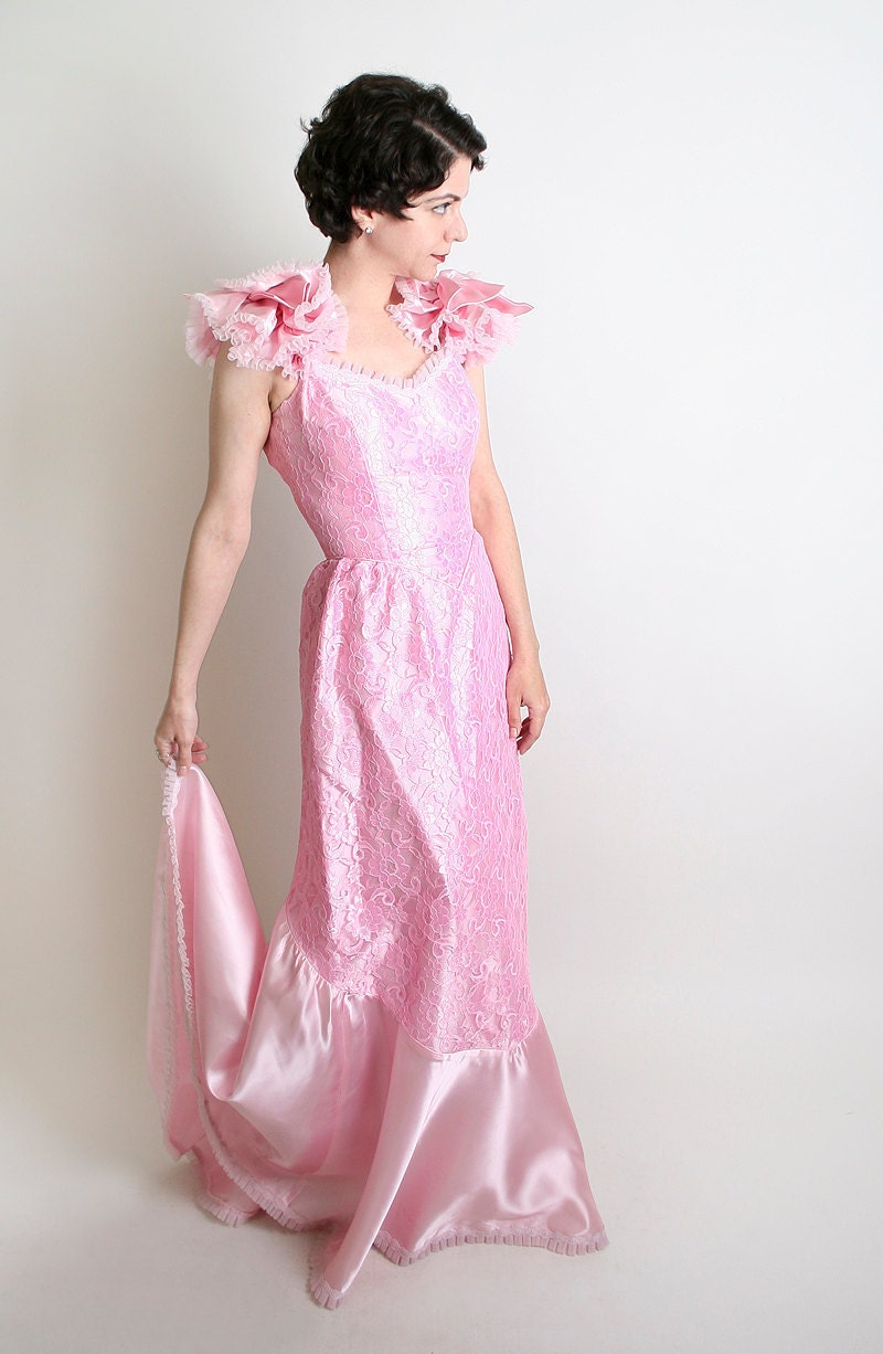 1980s Barbie Dress Classic Cotton Candy Pink Prom Gown - XS Small Ballgown Lace Style Sweetheart