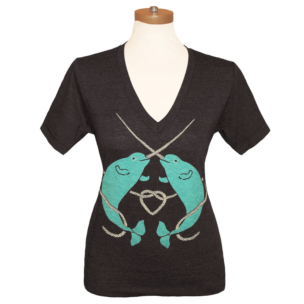 Narwhals V-neck T-shirt - Cute Tee Shirt Whale Dolphin Unicorn Nautical Heart Love Turquoise Teal Valentines Charcoal Black Tshirt Vneck