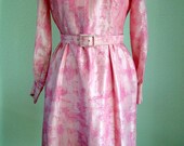 Vintage 1960s Pink Silk Garden Sketchbook Dress M
