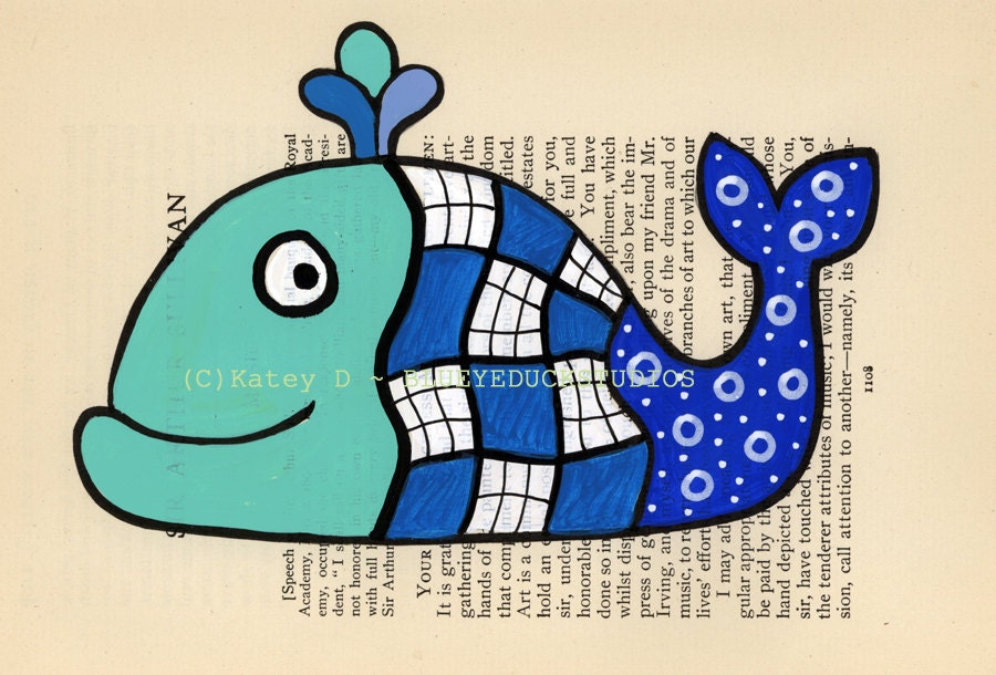 Day Old Fish Sale A Quilted Blue Whale Folk Art original painting antique book page Katey Duck half off