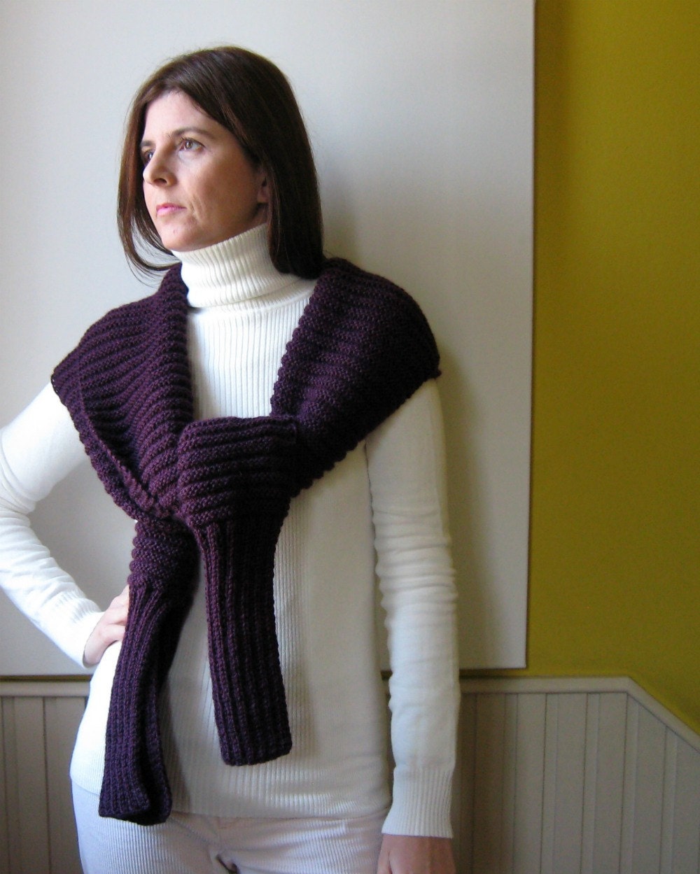 Scarf Knitted in Aubergine Merino Blend Wool