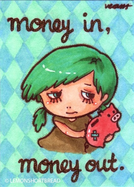 Original ACEO Art Money In Money Out Green Blue Pop Illustration Piggy Bank Girl