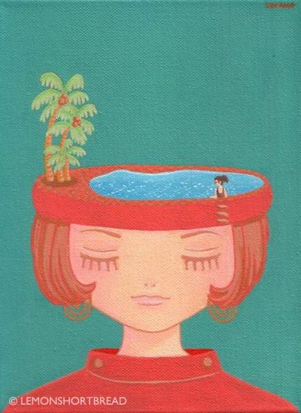 Original Art 60s style Canvas Painting Retro Pop Surrealism 7 x 9.5" - Pool Hat