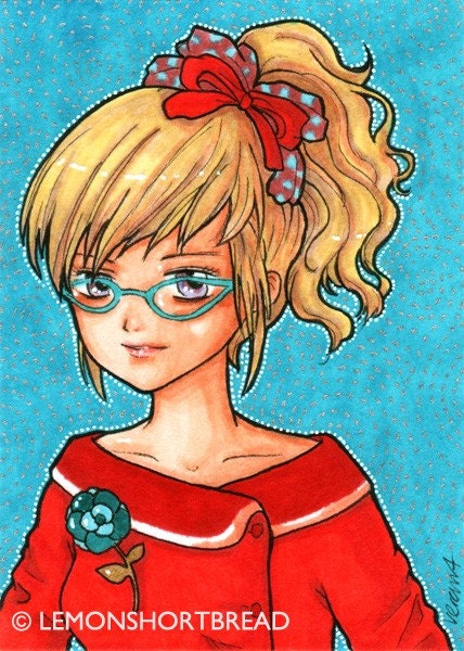 ACEO Retro Glasses Girl Print Art Illustration 60s Cat Eye Anime Style -  Limited Edition 2/25