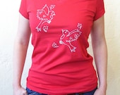 Womens V-Neck T Shirt - Flying Birds Design - Red - Sizes in Medium