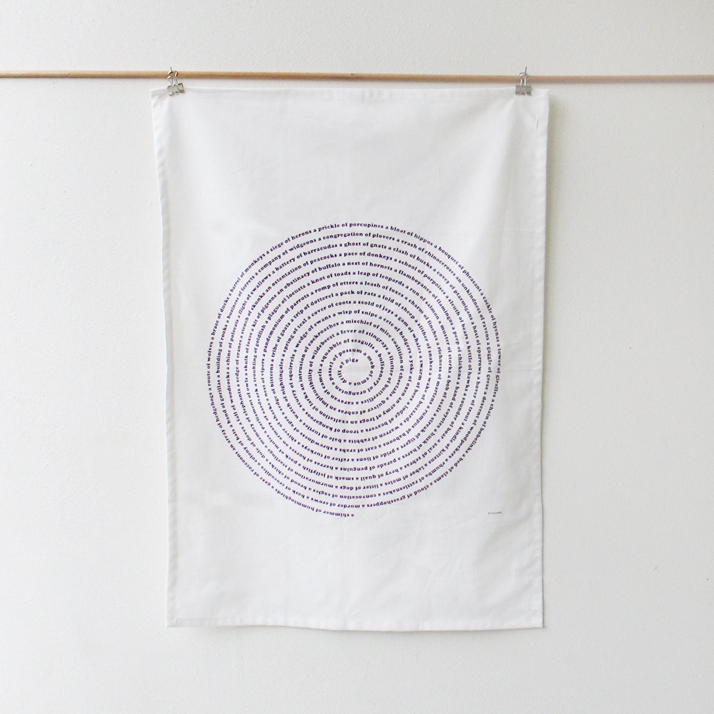 Kitchen Tea Towel in Grape Purple / Animal Collective Nouns :  houswearming / eco friendly gift for gourmet chef