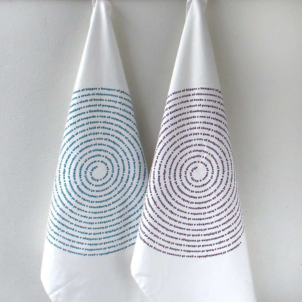 Tea Towel Set : organic kitchen towels - Teal Blue & Eggplant Purple, Animal Lovers Design / eco friendly kitchen, typography, gift for Mom