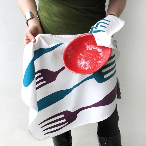 Foodie Tea Towel - Purple and Teal Forks - eco kitchen, home decor, hostess gift, organic cotton