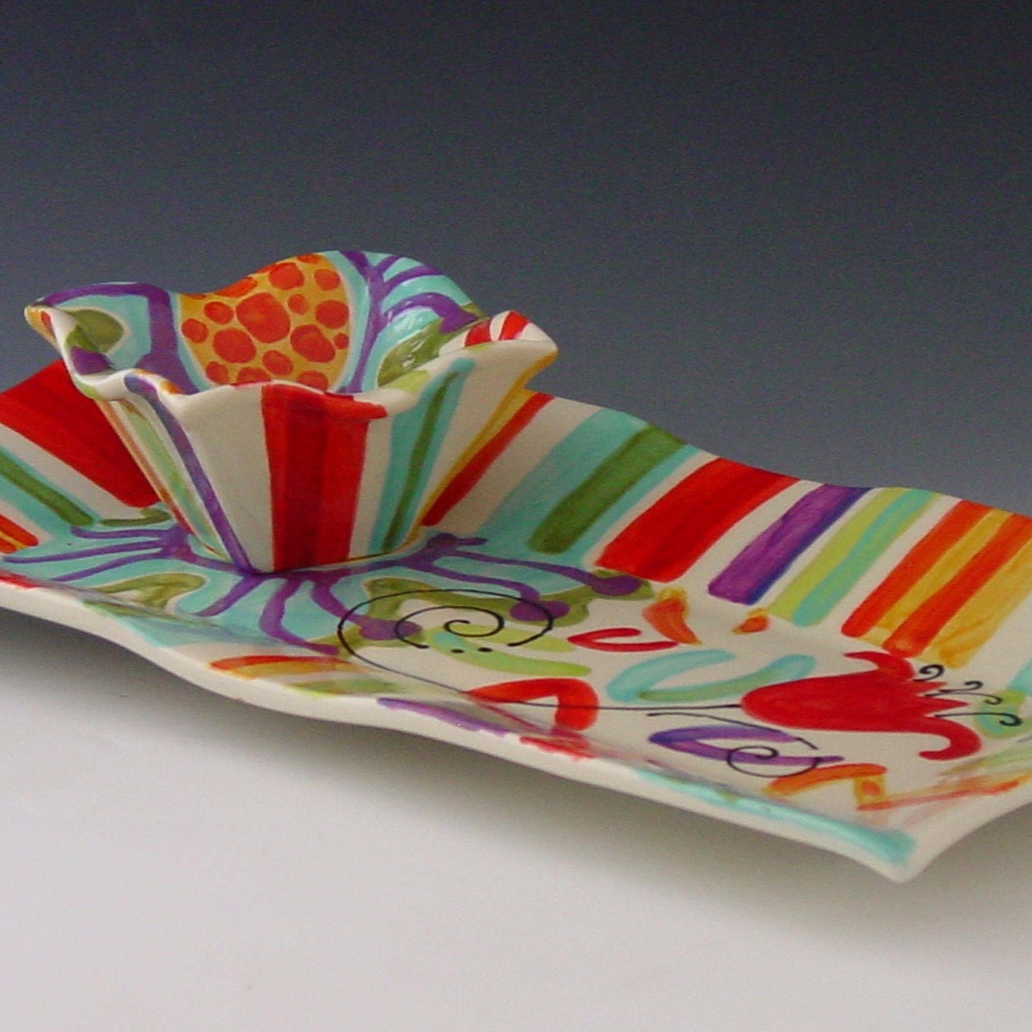 Chip & Dip Bowl Set-Jubilation Lg Rectangular Flareware Platter and Bowl -Colorful Easter Kitchen Serving Happy Home Decor Gifts  J-162,215