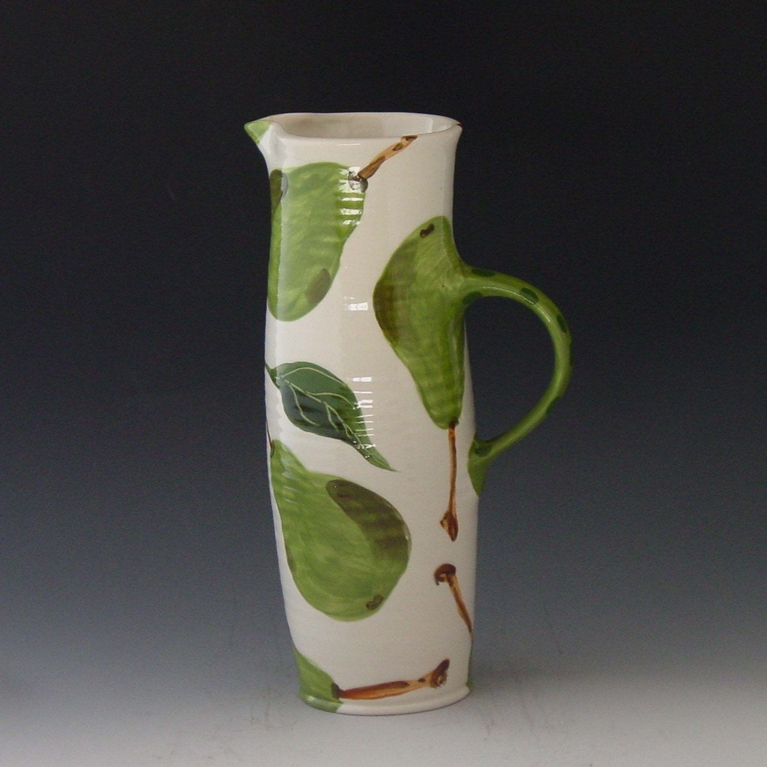 Tall Pitcher - Pear Tall Pitcher White - Handpainted Green Pear Pottery for Serving Home Decor Gift   P-361W
